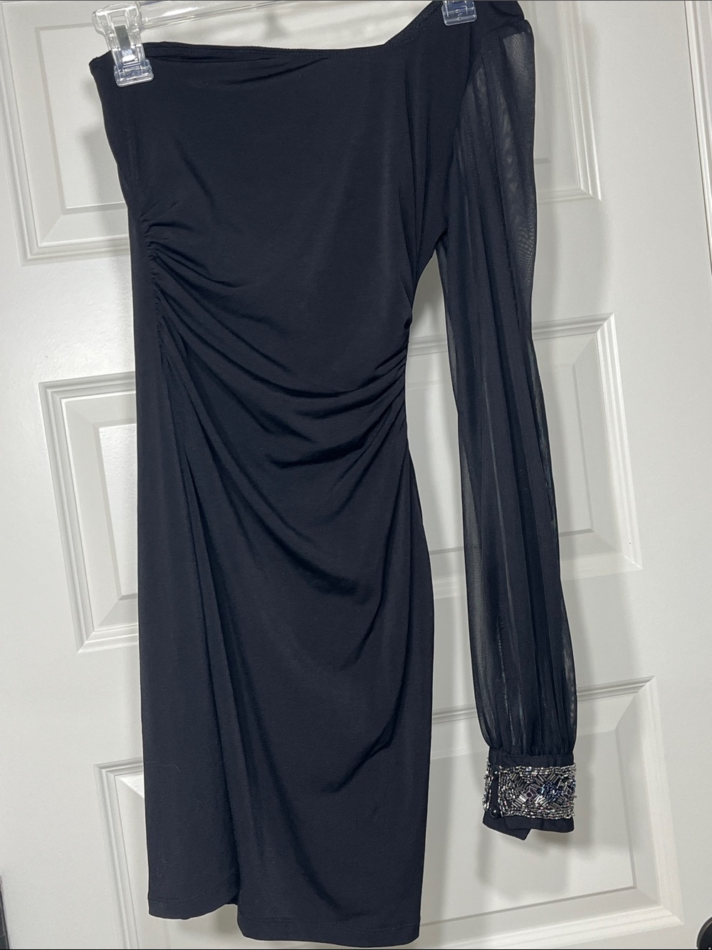 Ruby Rox One Shoulder Black Cocktail Dress Beaded Cuff Ruched Size Small
